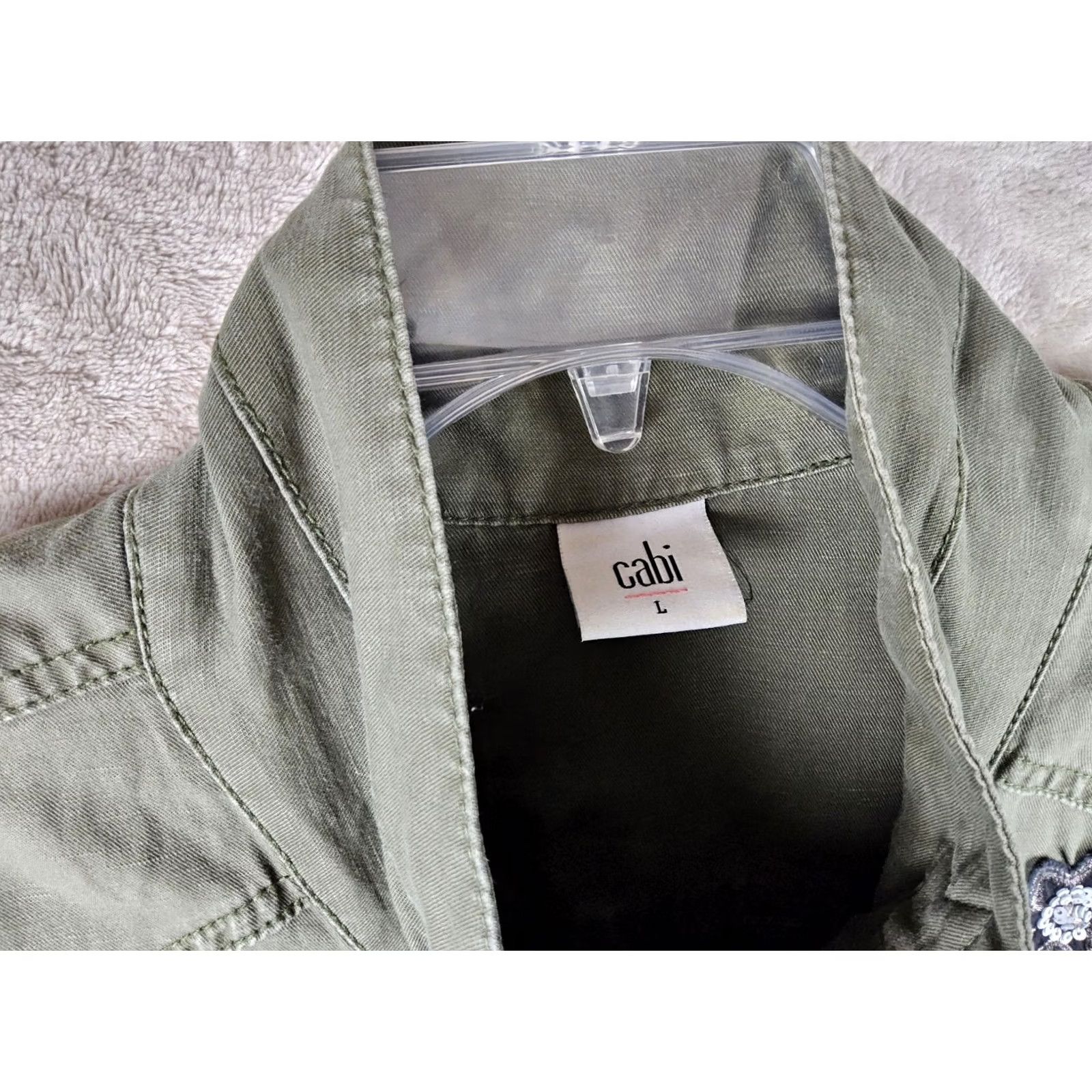 Vintage Cabi Jacket Bird Military Linen Blend Sequin Star Appliqué Zip Green Sz L Women Regular Mid-Length Jacket (Travel, Workwear) Size L / US 10 / IT 46 - 7 Thumbnail