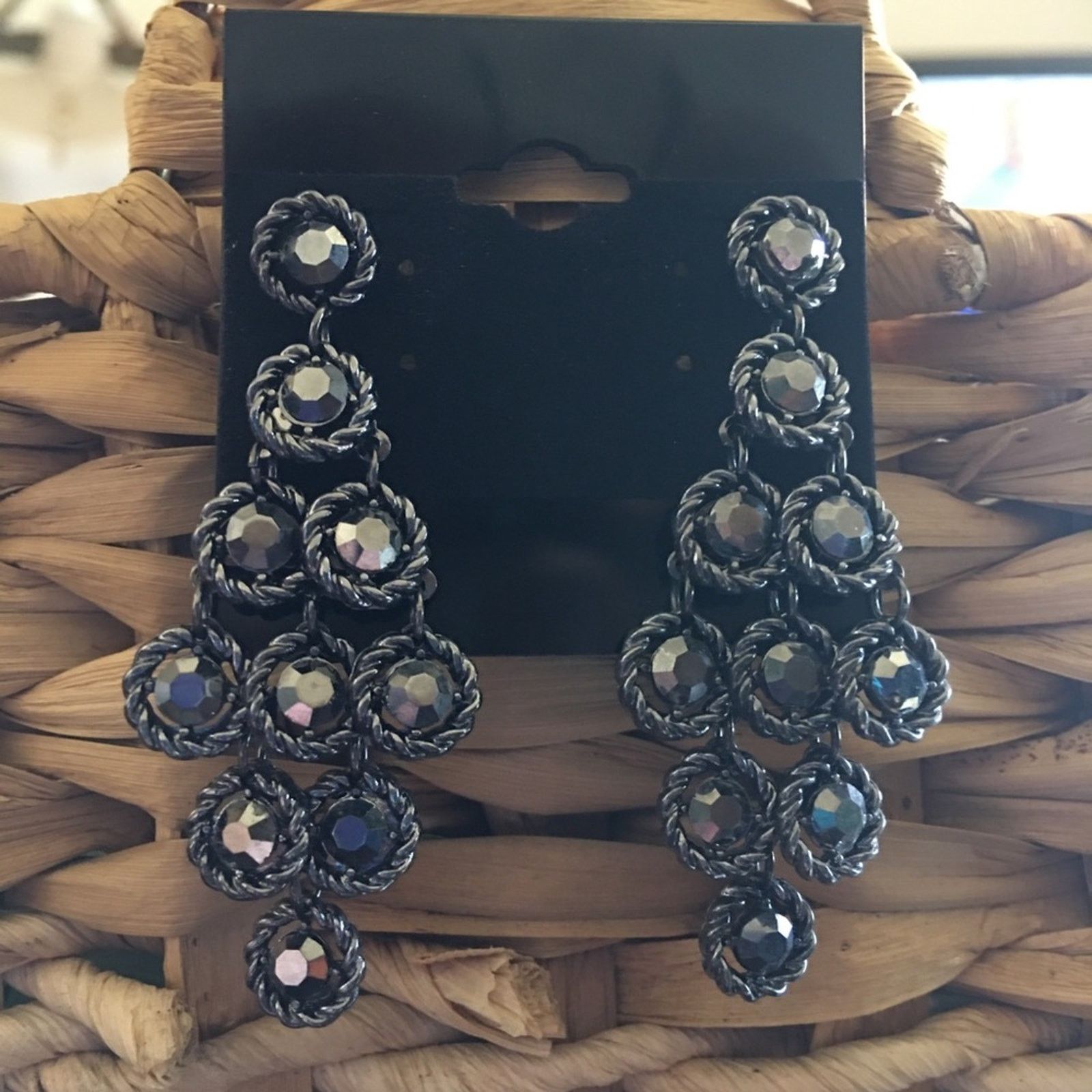 Jewelry Dark Chrome Faceted Glass Chandelier Earrings in Grey, Women's