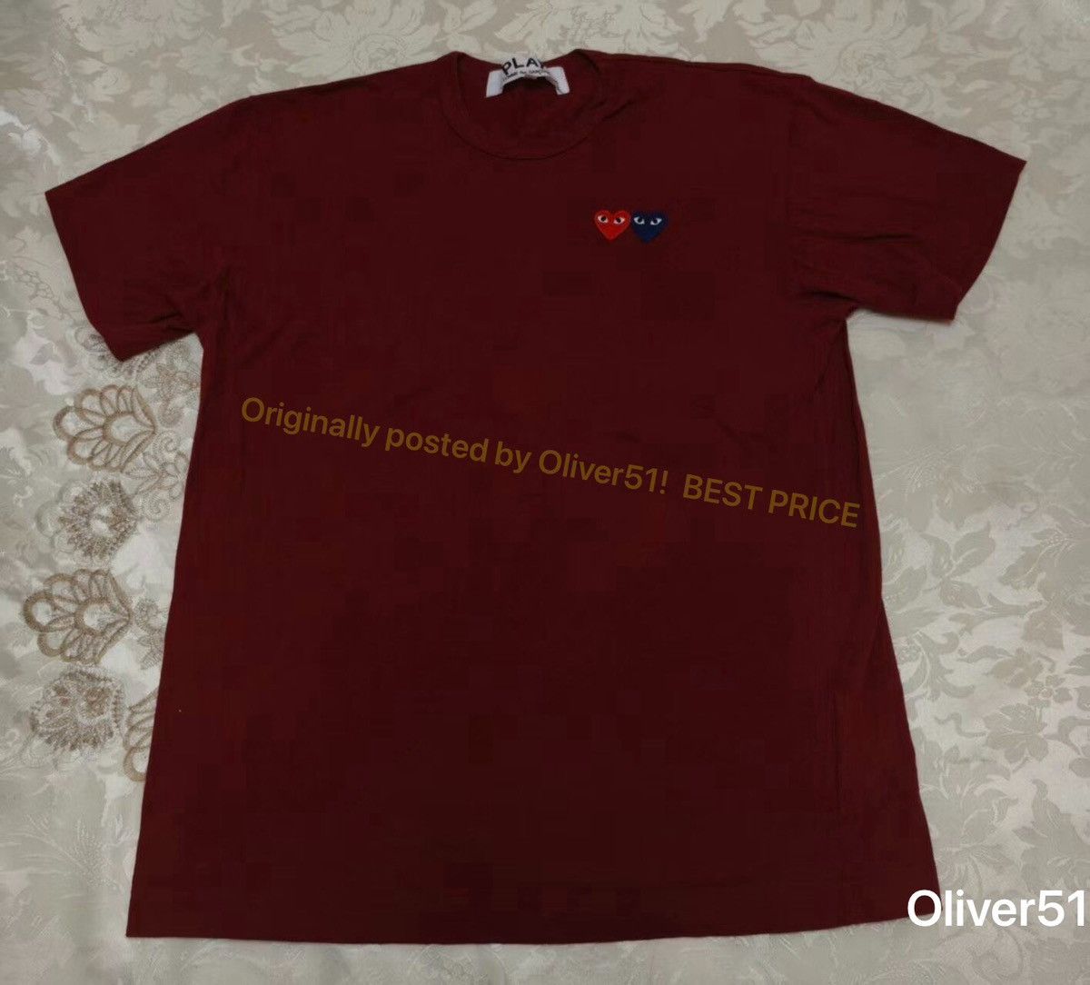Cdg Burgundy Double Heart Tee Aaaa09/2610 in Red, Men's (Size Xl)