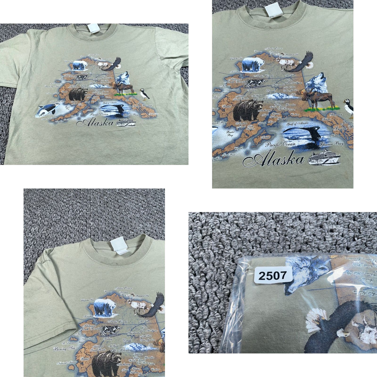 Vintage VINTAGE Galliga Skins Alaska Wildlife Map Print T-Shirt Adult Large Green Graphic Animals Nature Mens Size US L / EU 52-54 / 3 - 8 Thumbnail