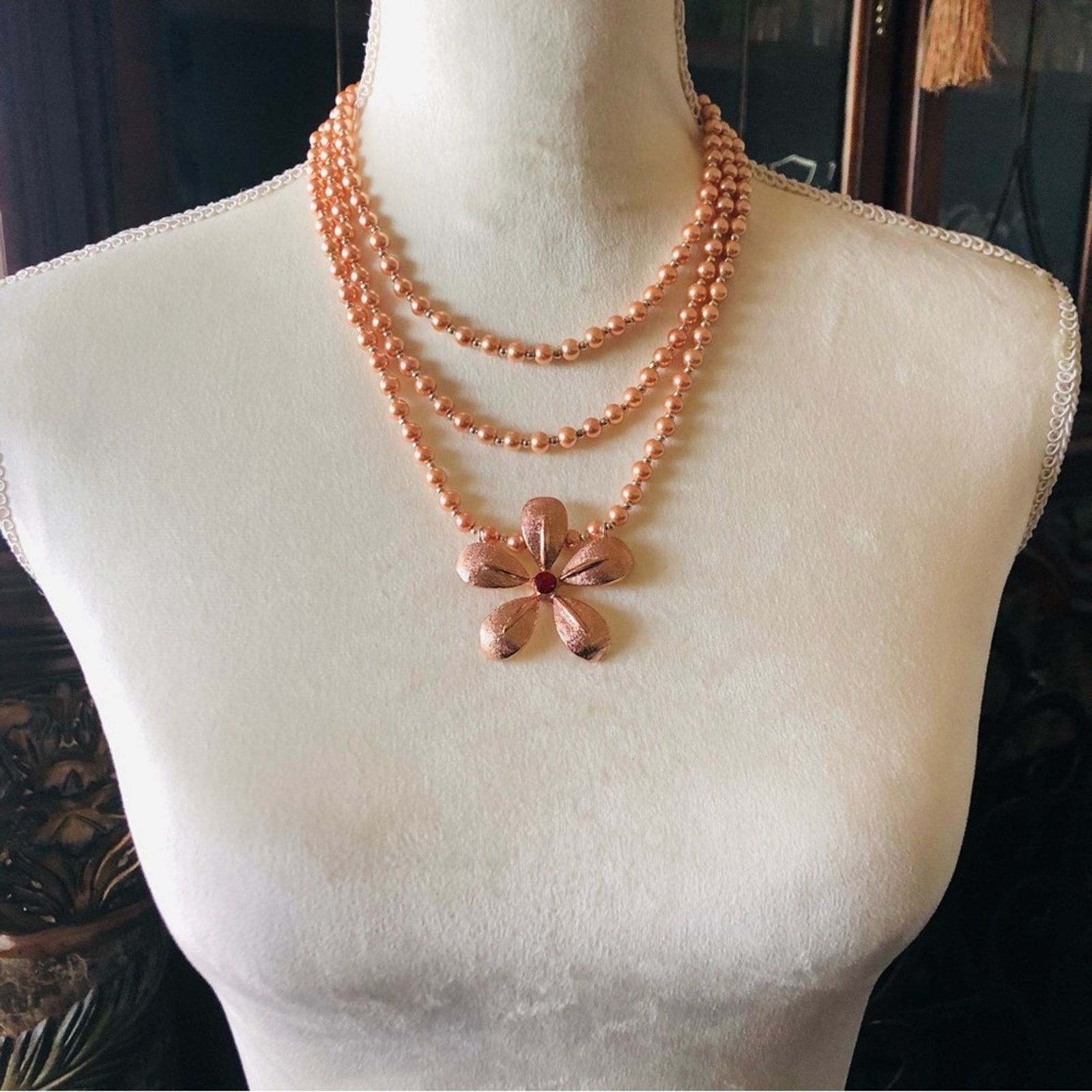 Handmade Handcrafted triple strand Czech Pearl genuine ruby neckla Size ONE SIZE - 4 Thumbnail