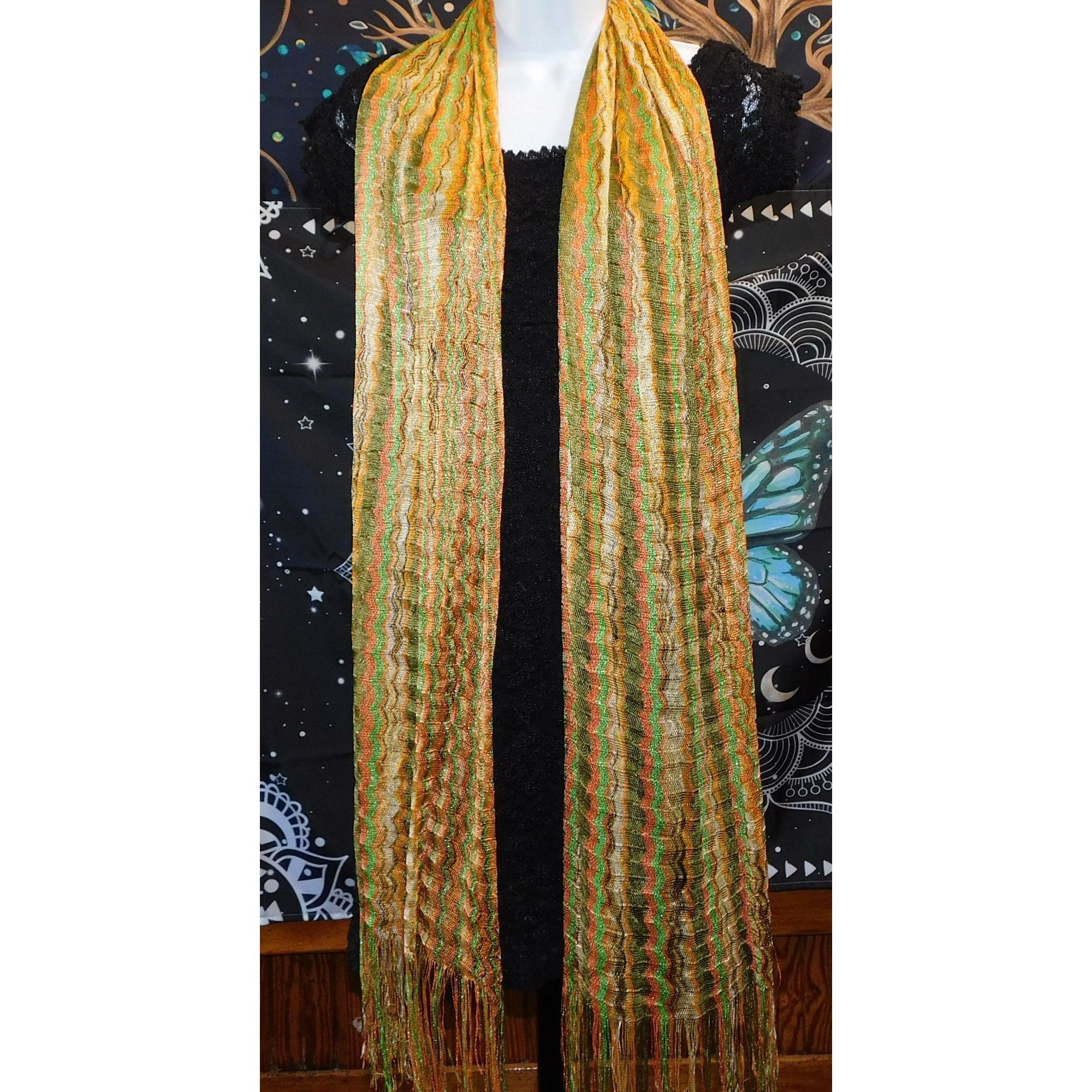 Other Vintage 70S Wavy Striped Gold & Green Metallic Scarf With 6" Size ONE SIZE - 6 Thumbnail