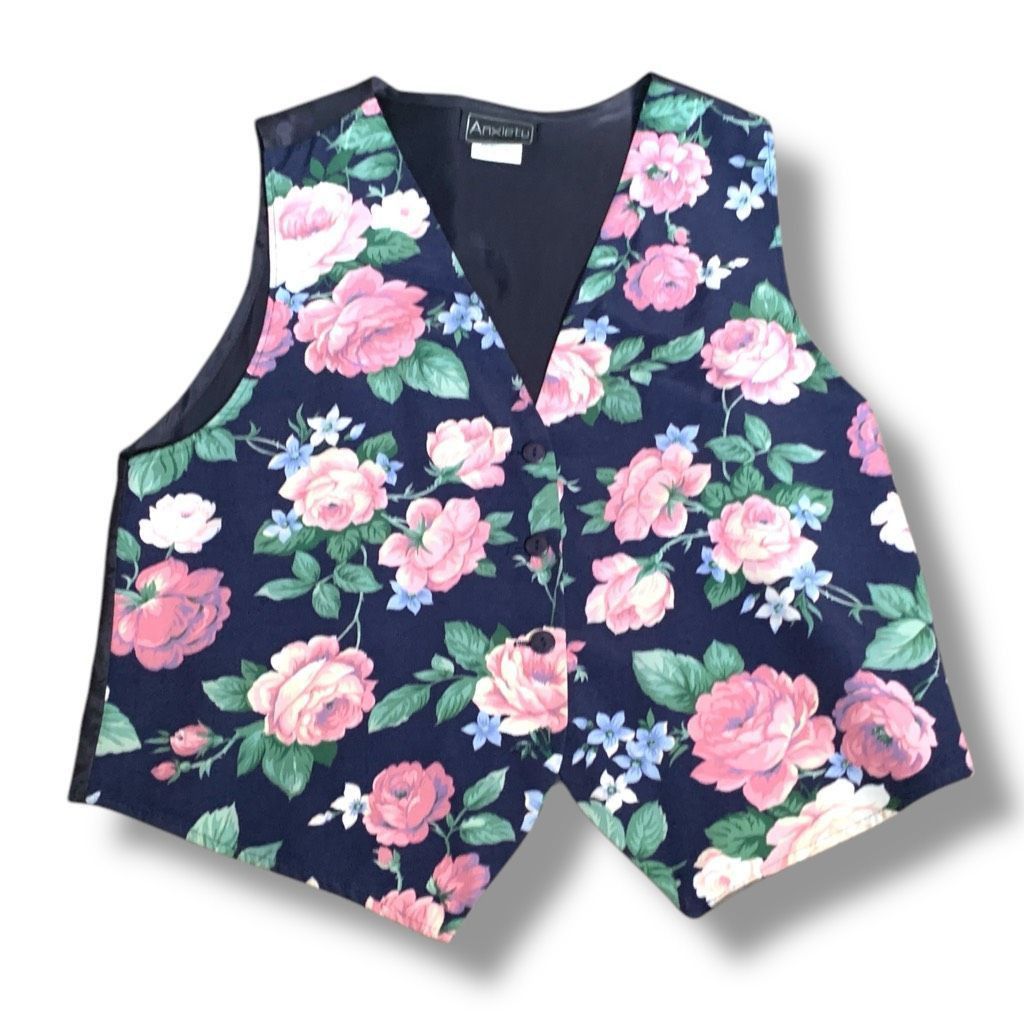 Vintage Vintage 90s Floral Vest Tailored Waistcoat Blue Pink Rose Fl Size M / US 6-8 / IT 42-44 - 1 Thumbnail
