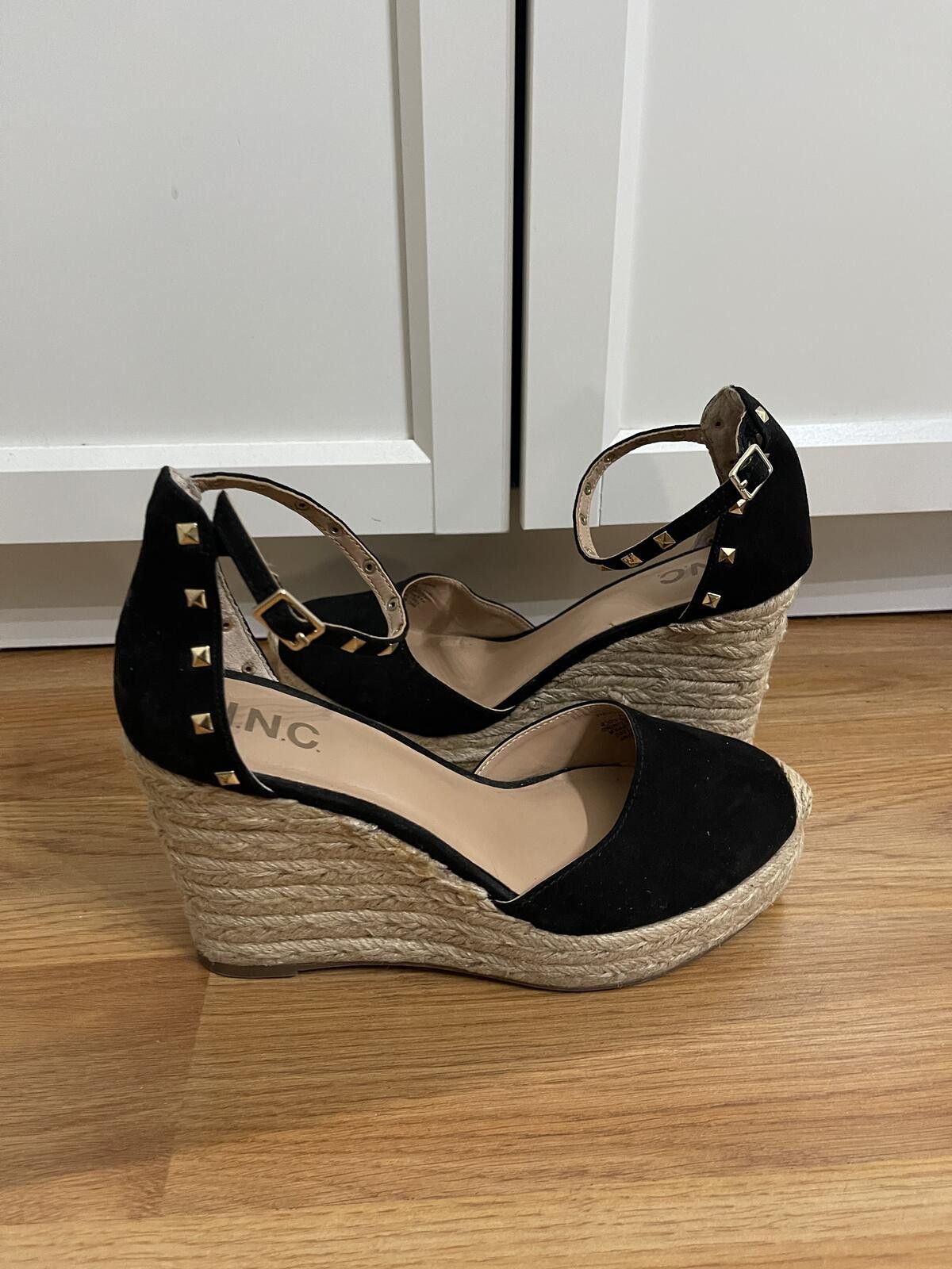 I.N.C INC Black Studded Ankle Strap Espadrille Wedge Sandals Size US 8 / IT 38 - 2 Thumbnail