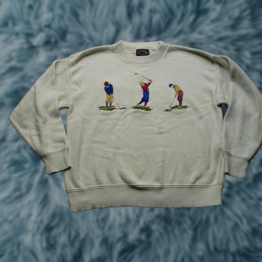 Nutmeg VINTAGE Nutmeg Mills Sweater Mens L White Golf Graphic Knit Made USA 90s Size US L / EU 52-54 / 3 - 1 Thumbnail