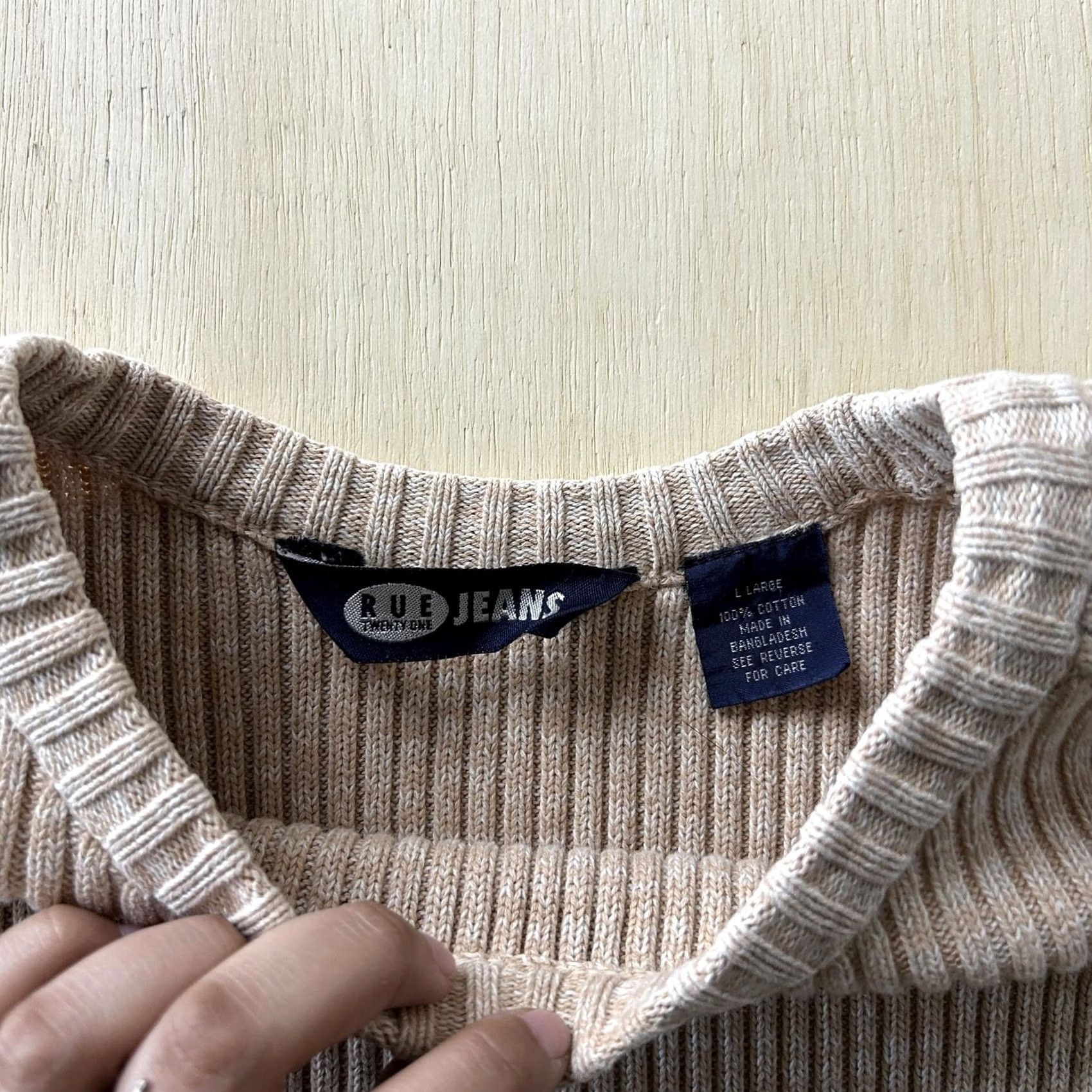 Vintage RUE JEANS Sweater Womens Large Beige Crew Neck Raglan Knit Ribbed 100% Cotton Pullover Casual Knit Shirt Size L / US 10 / IT 46 - 4 Thumbnail