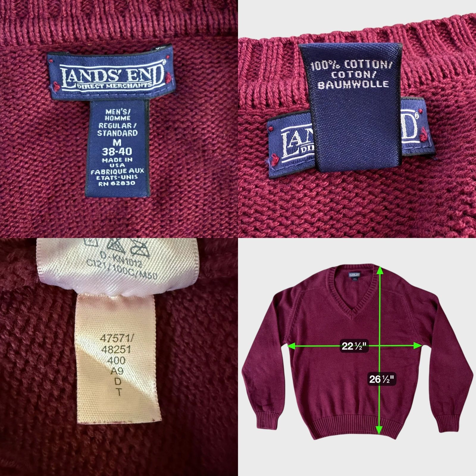 Lands' End VINTAGE Lands' End Sweater Red Knit V-Neck Pullover Men M Medium Cotton Knit Pullover Classic Preppy Winter Fall Spring Golf Hiking Walking Size US M / EU 48-50 / 2 - 8 Thumbnail