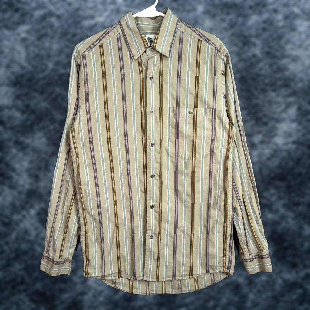 Lacoste Mens 38 Striped Button-Up Shirt Beige Long Sleeve