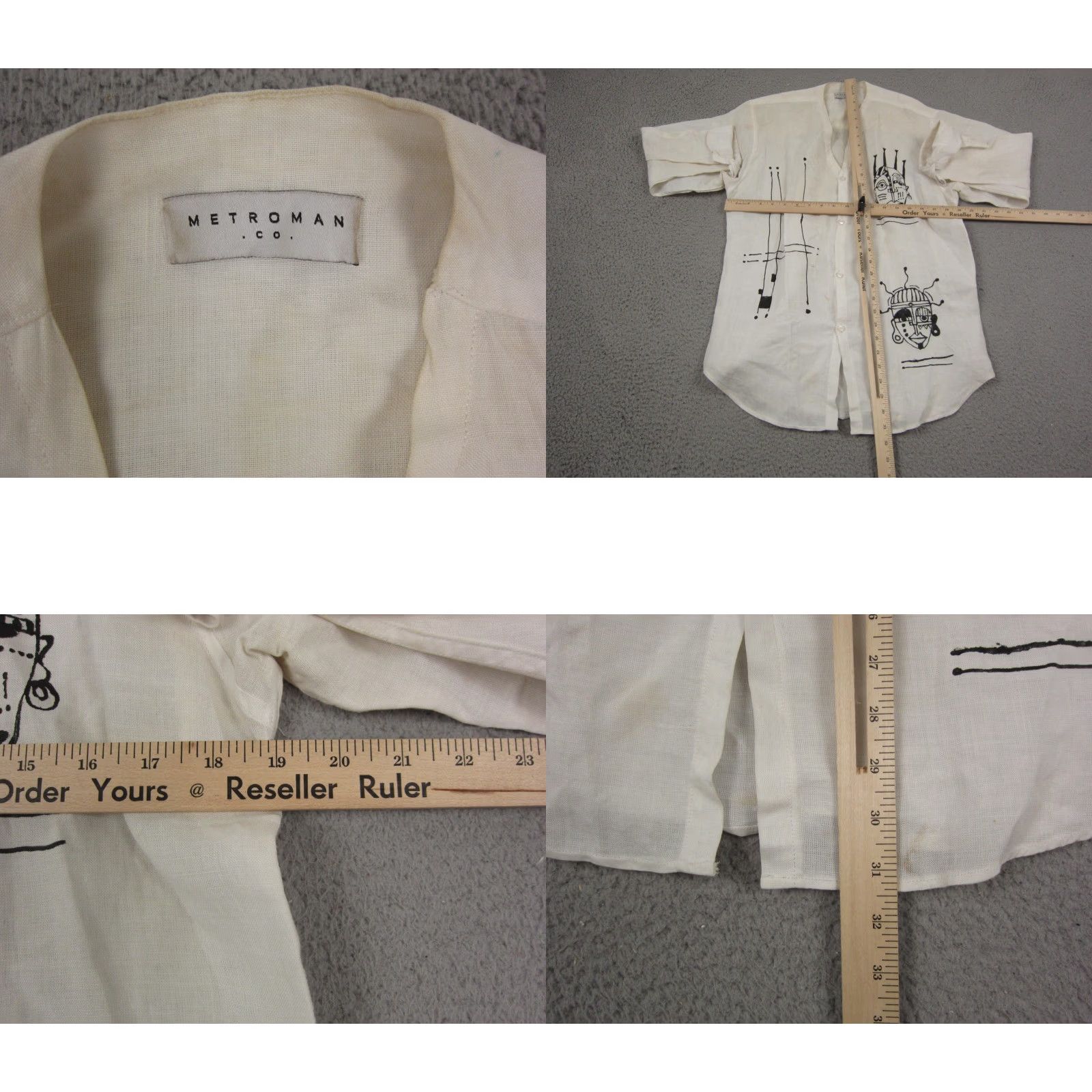 CO VINTAGE Metroman Shirt Mens S White Abstract Face Print Art Linen Ethnic Button-Up Long Sleeve Collared 70s Classic Shirt Mens Size US S / EU 44-46 / 1 - 8 Thumbnail
