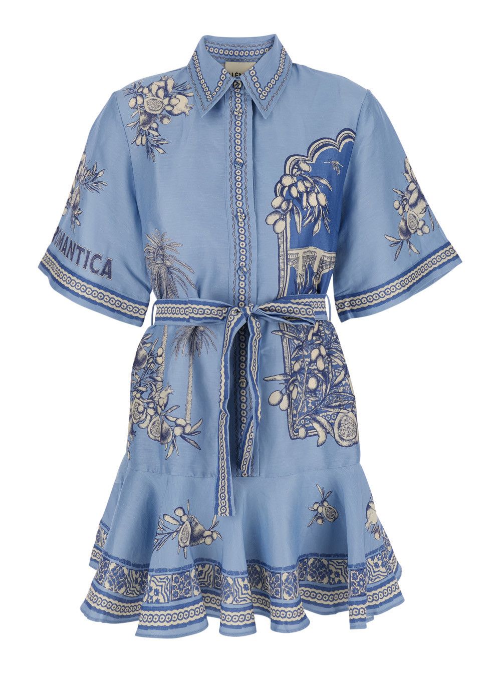 'Villa Romantica' Blue Mini Dress with Front Blet and All-Over Floral Motif in Linen Blend Woman