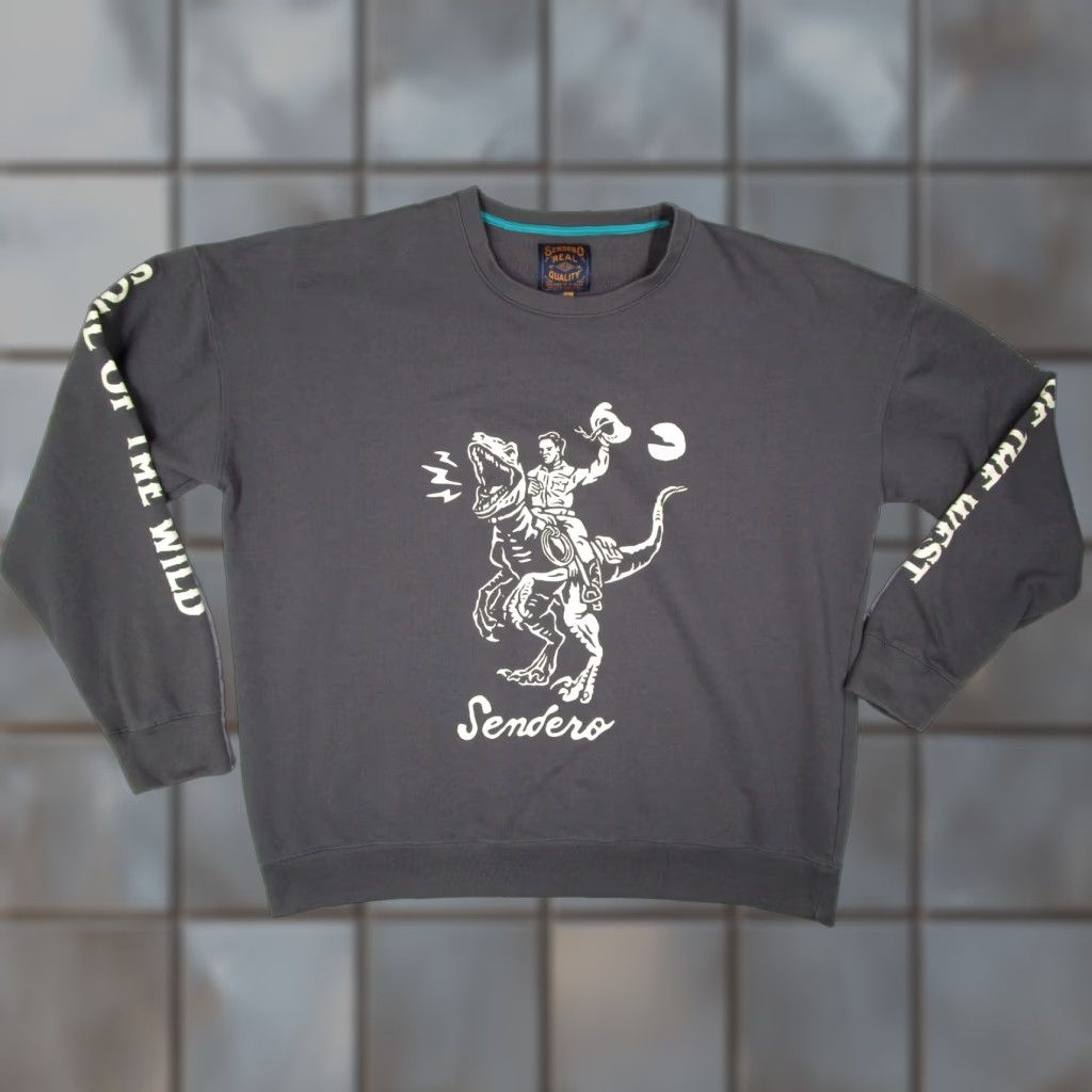 Sendero Sweatshirt Mens 2XL Gray Crew Neck Long Sleeve Pullover Cotton Polyester Fleece Cowed Dinosaur Graphic No wait.