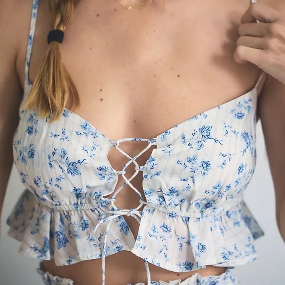 Designer Anthropologie White and Blue Floral Bralette Size ONE SIZE - 3 Thumbnail