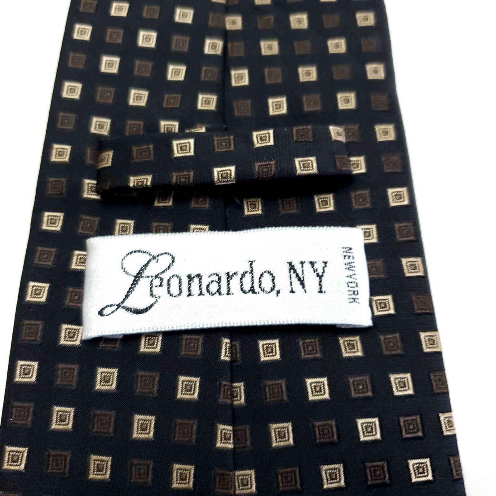 Vintage Leonardo NY Woven Microfiber Brown Check Geometric Silk Tie Size ONE SIZE - 3 Thumbnail