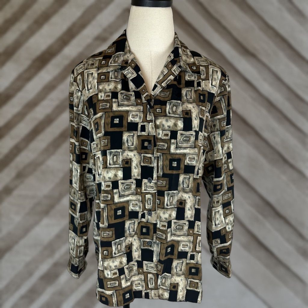 Vintage VINTAGE Notations Geometric Print Shirt Brown 90s Boxy Fit Collared Long Sleeve Blouse Women Medium Size M / US 6-8 / IT 42-44 - 1 Thumbnail