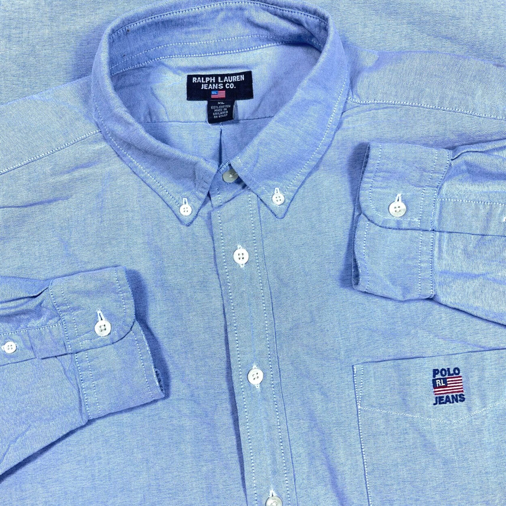 Ralph Lauren VINTAGE Ralph Lauren Shirt Men XL Blue Button Up Oxford Cloth Dress USA Flag Pocket VTG Size 46R - 2 Thumbnail