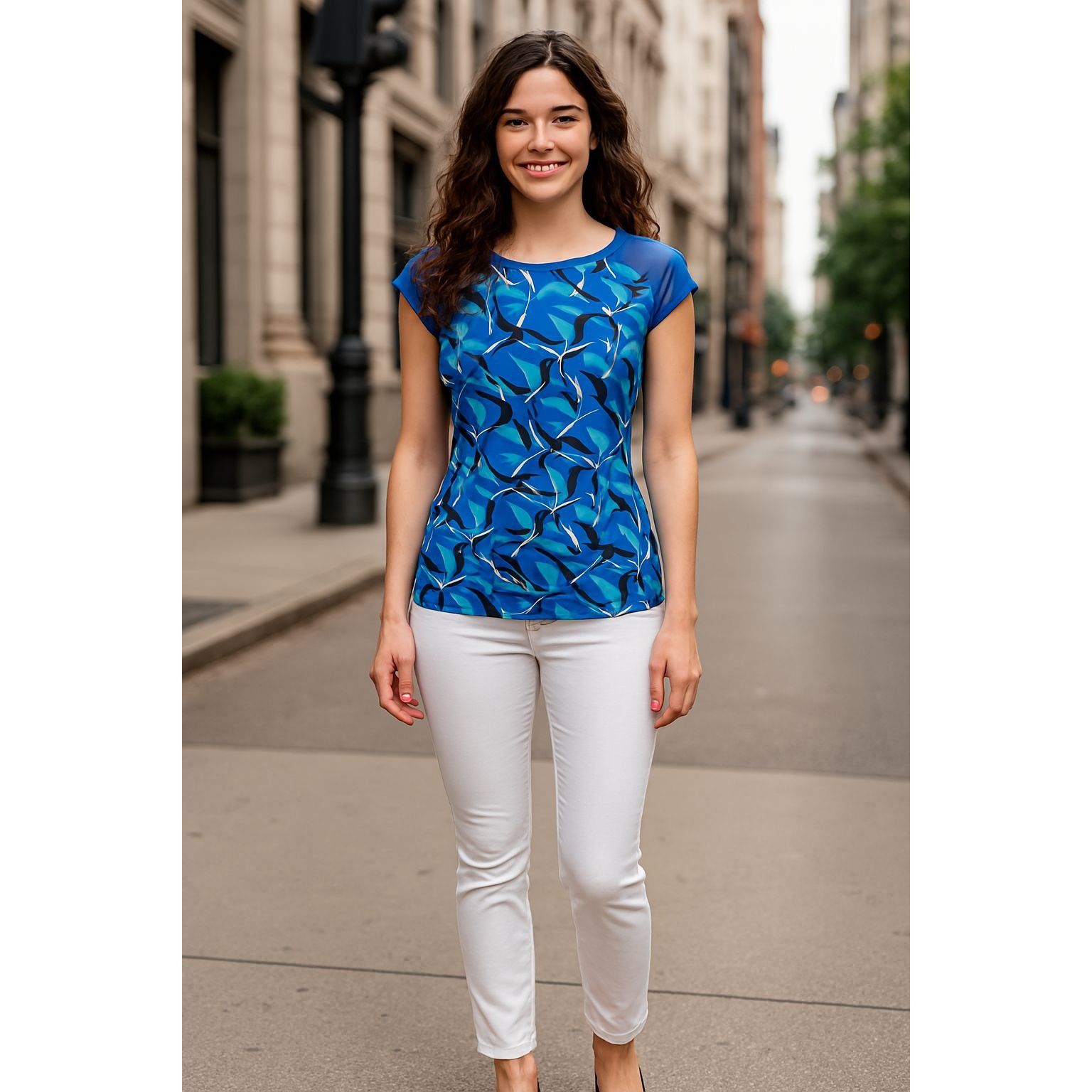 Other CCC Retro Blue Bird Print Blouse Mesh Cap Sleeve Mod Top Art Size M / US 6-8 / IT 42-44 - 2 Thumbnail