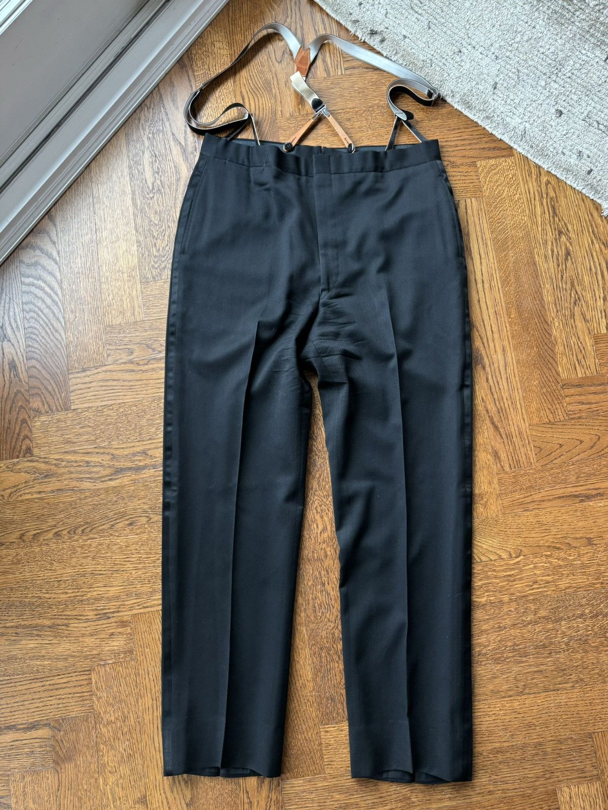Vintage 1970s Two Piece Suit Vintage Suspender Pants Satin Lapel Size 50R - 7 Thumbnail