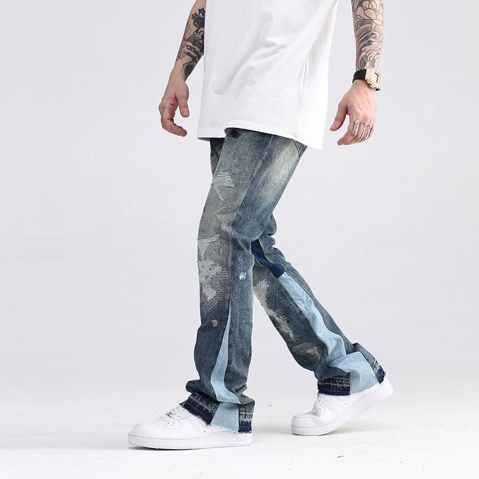 Blue Speckle ink Washed Destroyed Flared Jean