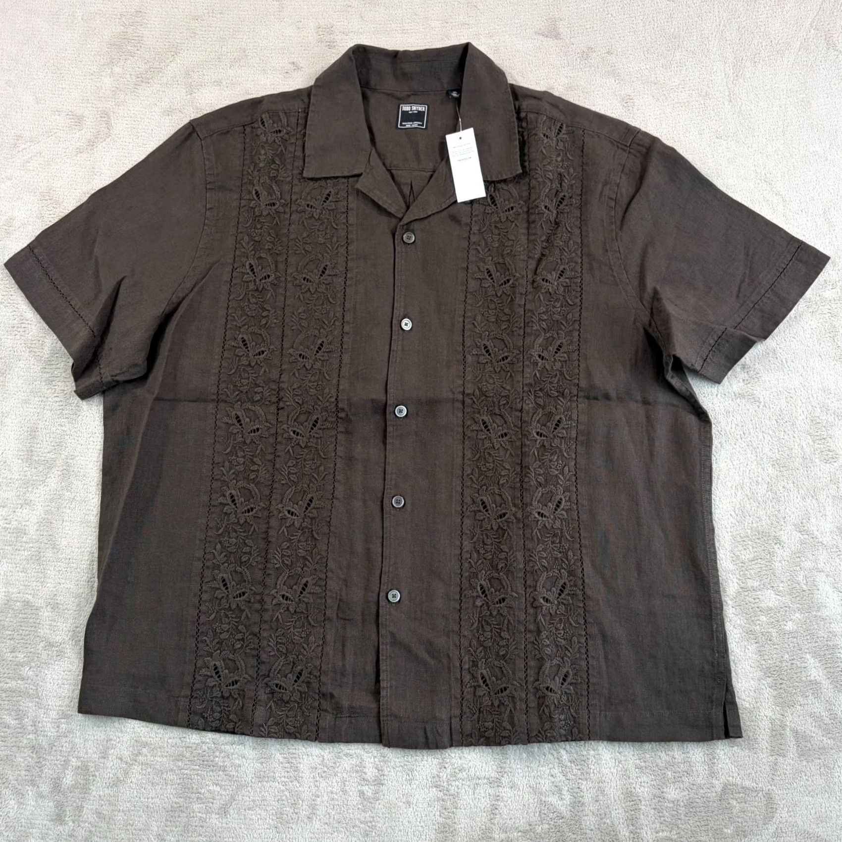 Todd Snyder Todd Snyder Cropped Embroidered Linen Camp Loop Collar Shirt in Caviar XL Brown NWT Men Shirt Size US XL / EU 56 / 4 - 6 Thumbnail