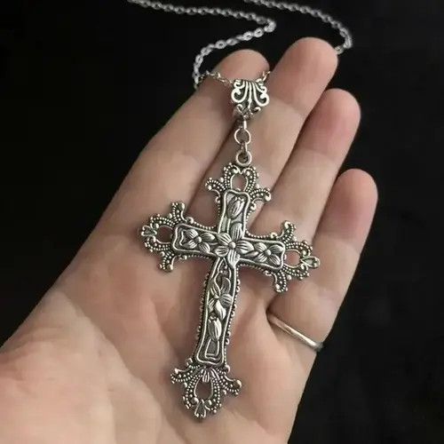Jewelry Silver Cross Goth Chrome God Pendant Necklace Jesus Chain Size ONE SIZE - 1 Thumbnail