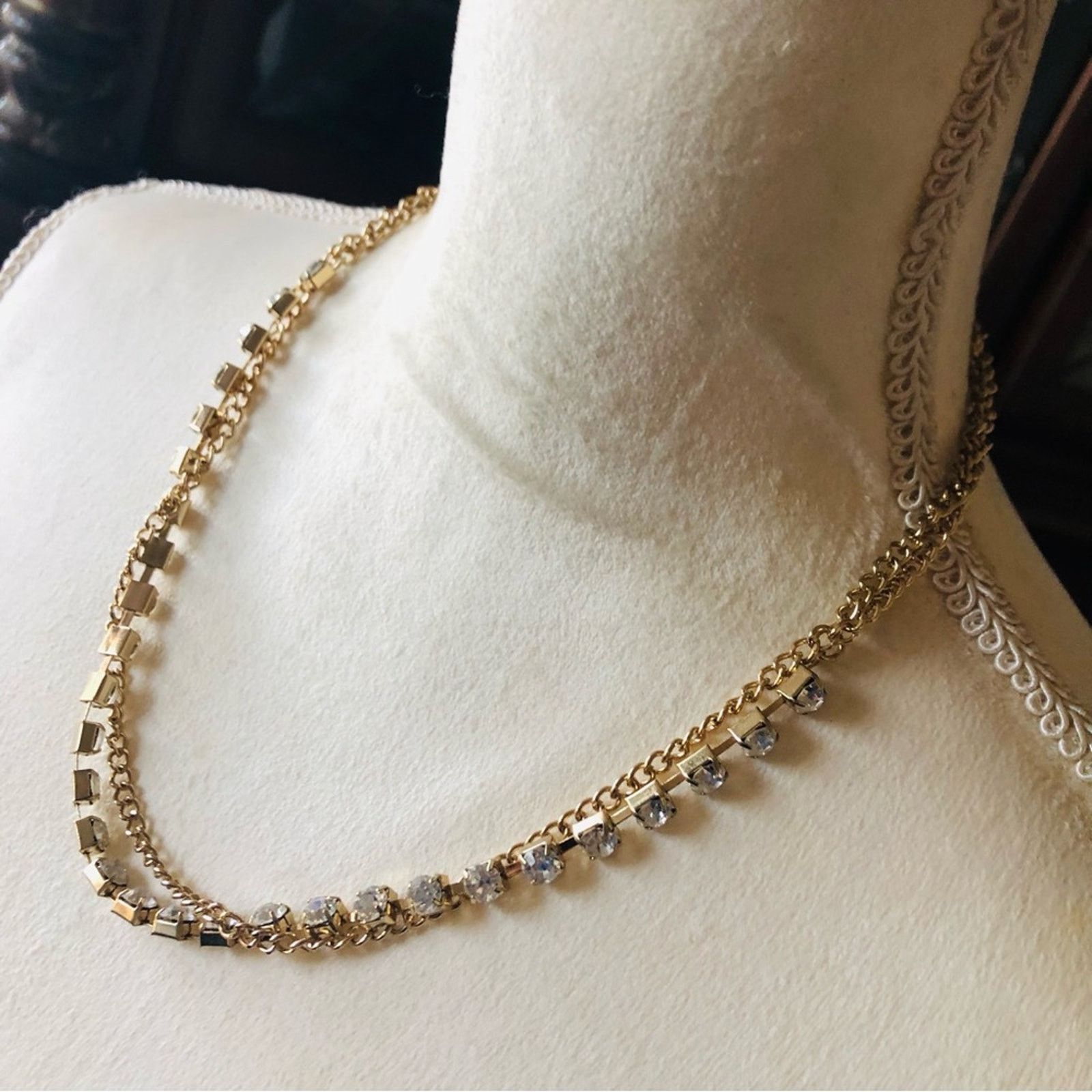 Jewelry Double strand gold chain clear rhinestone necklace Size ONE SIZE - 4 Thumbnail