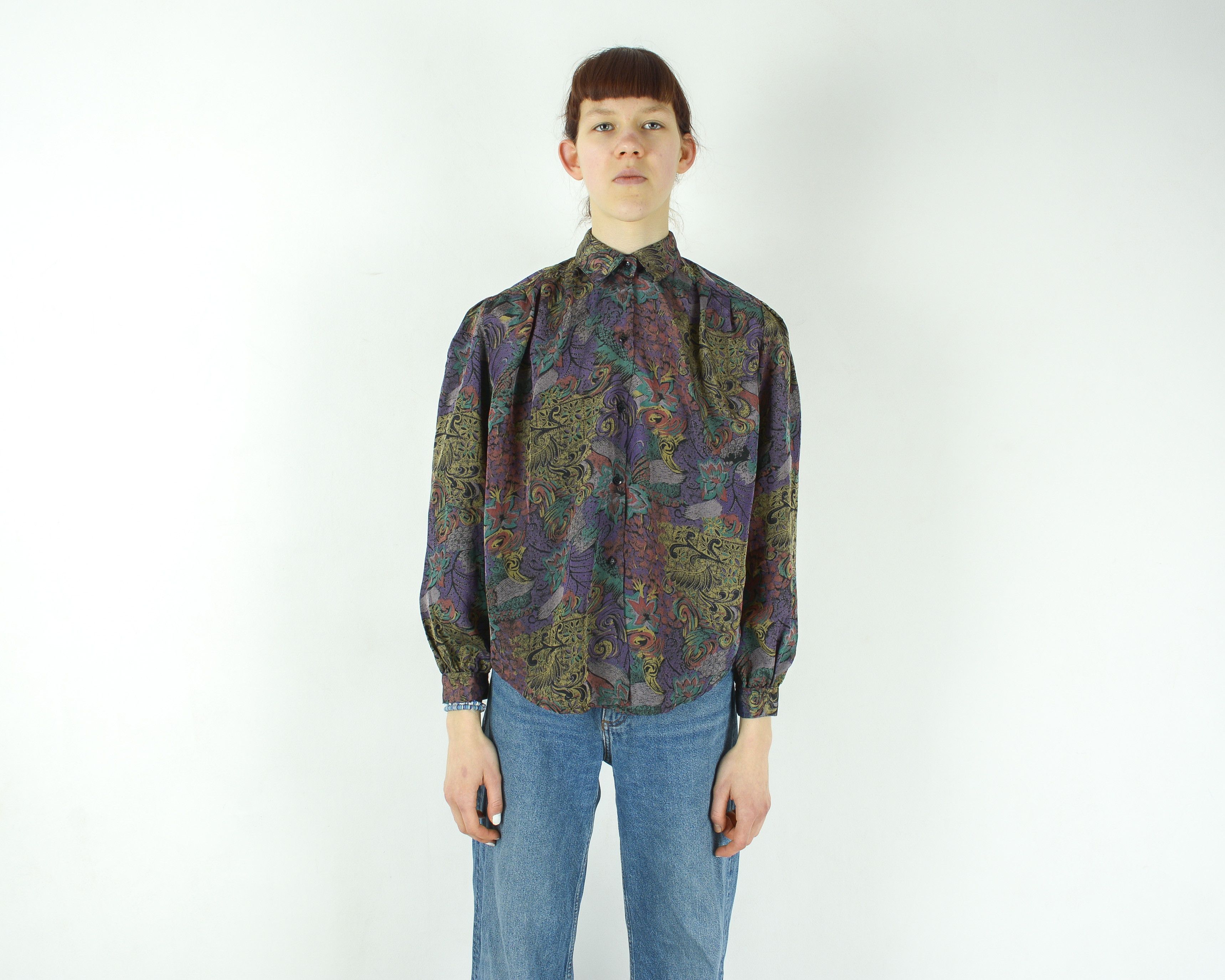Other × Vintage HA-Gi TEKS Button Up Shirt Shoulder Padded Blouse Patterned Size XS / US 0-2 / IT 36-38 - 1 Thumbnail