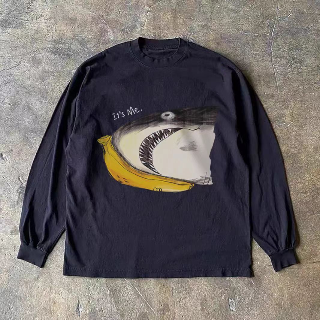 Vintage Black retro shark print long-sleeved cotton t-shirt Size US M / EU 48-50 / 2 - 1 Thumbnail