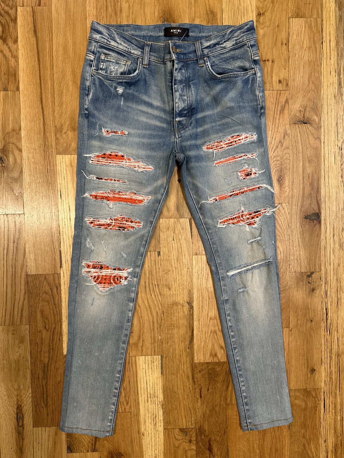 Pre-owned Amiri Mx1 Orange Paisley Blue Denim Jeans Size 32