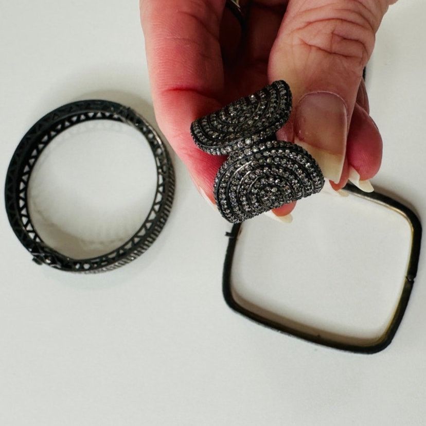 Other Gunmetal Rhinestone Bangle & Square Bracelets Matching Ring Size ONE SIZE - 4 Thumbnail