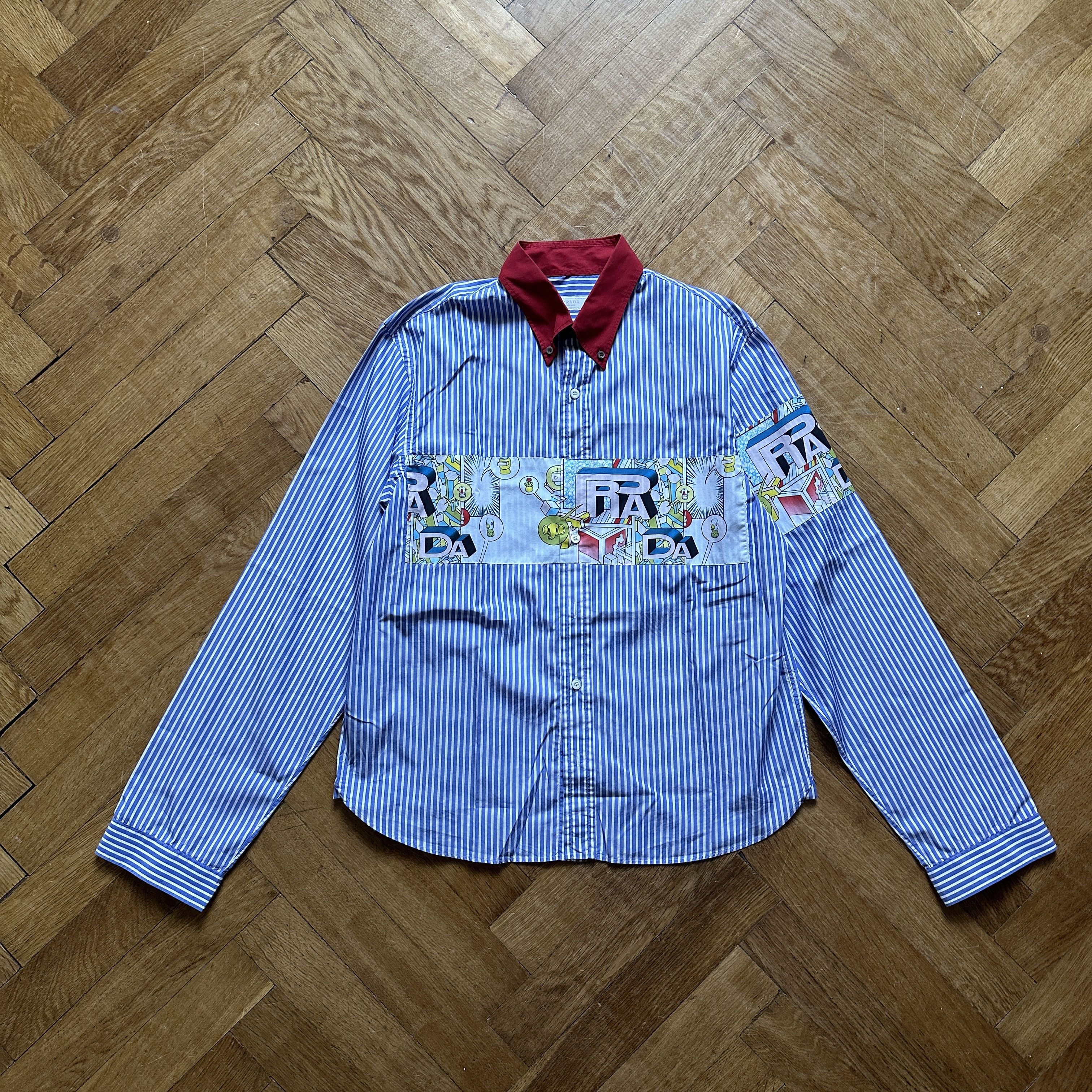 image of Prada Ss17 Striped Contrast Collar Comic Shirt, Men's (Size Large)