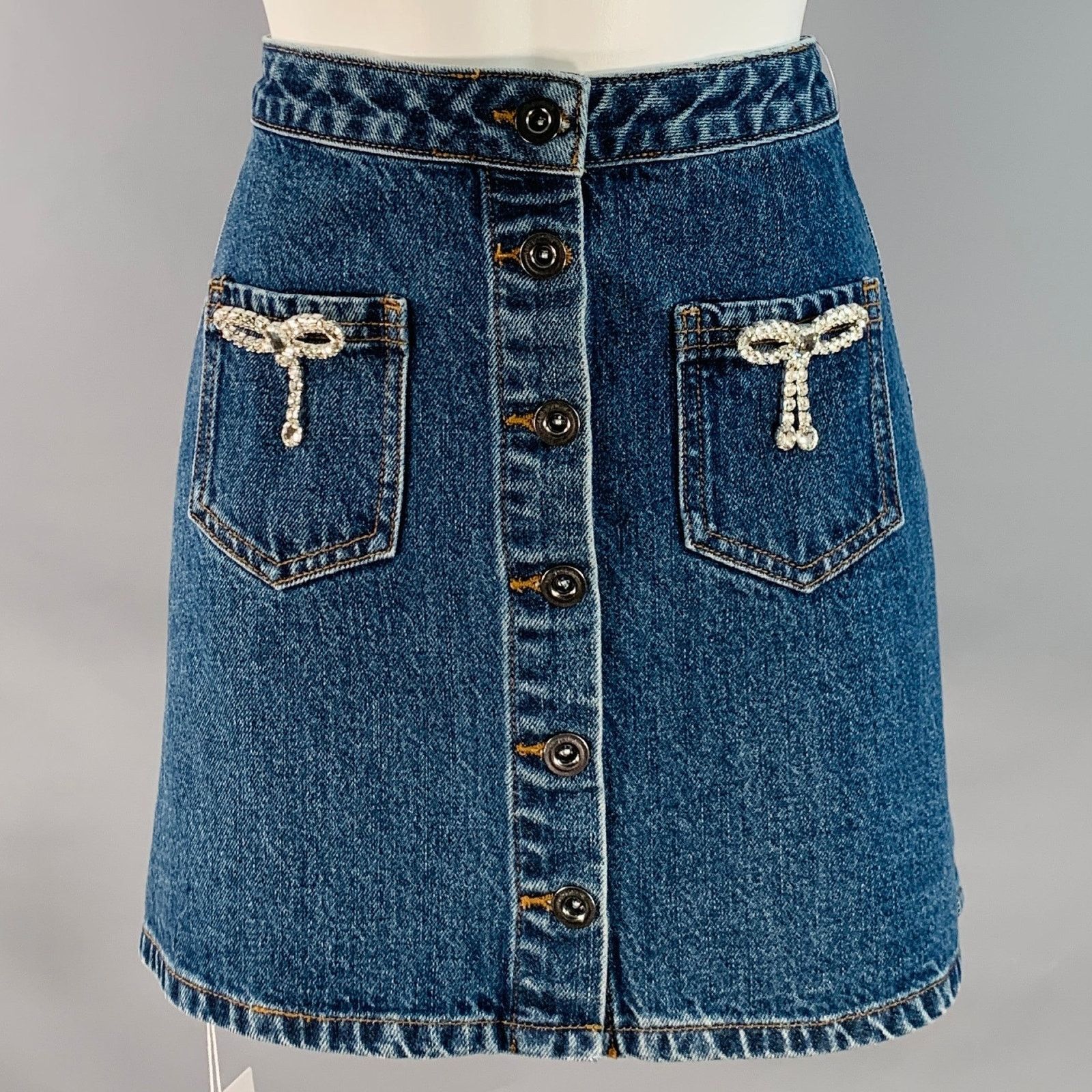Self-Portrait 4 Diamante Bow Blue Cotton Rhinestones A-Line Mini Skirt Size 27" / US 4 / IT 40 - 1 Thumbnail