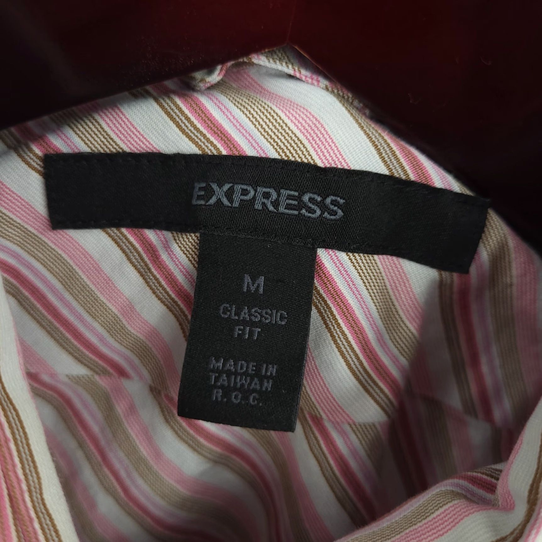 Express Express Shirt Mens Medium Pink Striped Classic Fit Button Up Polyester Blend Size US M / EU 48-50 / 2 - 5 Thumbnail