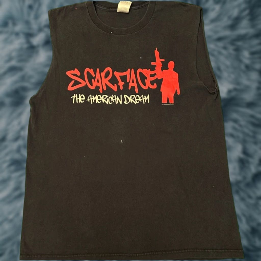 Vintage VINTAGE 90s Scarface Tony Montana Rap Tee American Dream Shirt Sz L Cutoff Sleeveless Men Black Shirt MENS Size US L / EU 52-54 / 3 - 1 Thumbnail
