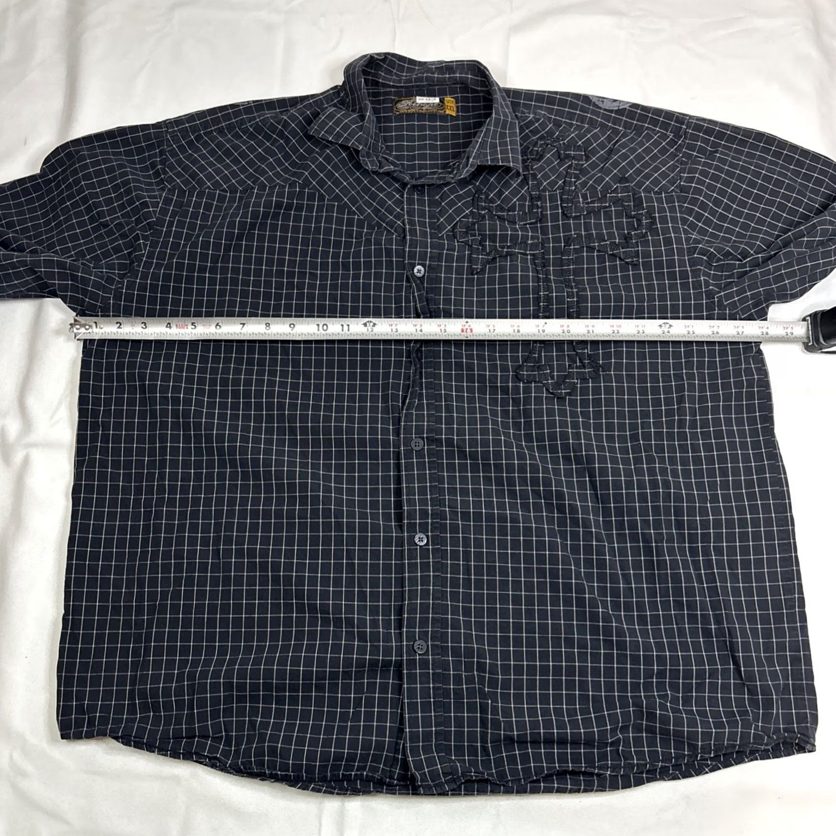 Vintage Retrofit Shirt Mens 2XL Black Plaid Cross Button Front Longsleeve Back Wings Shirt 2XL Mens Black Plaid Cross Button-Up Long Sleeve Front Back Wings Size US XXL / EU 58 / 5 - 4 Thumbnail