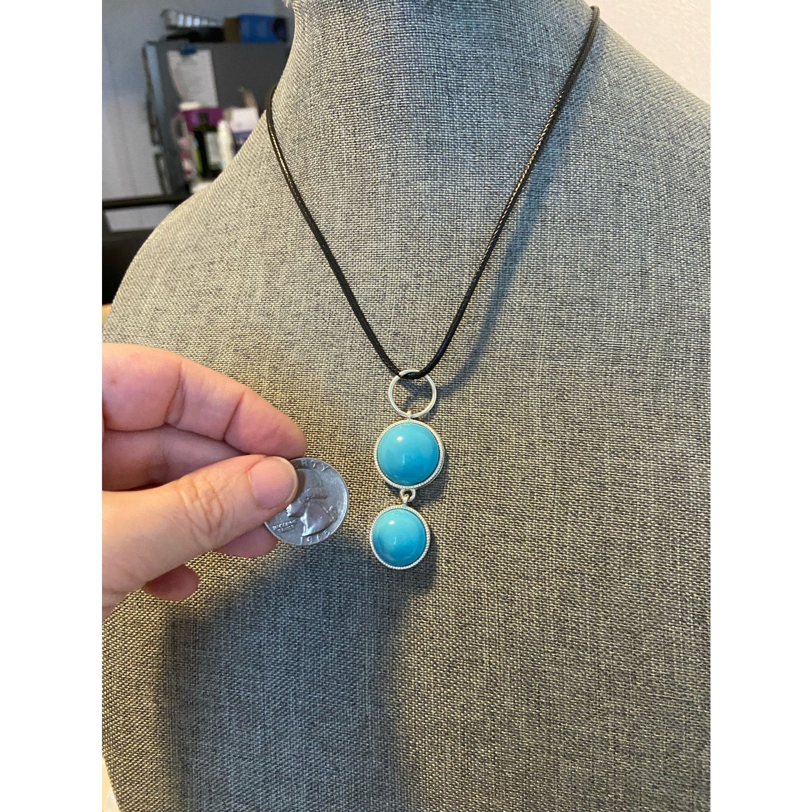 Handmade Upcycled round turquoise blue cabochon pendant necklace Size ONE SIZE - 2 Thumbnail
