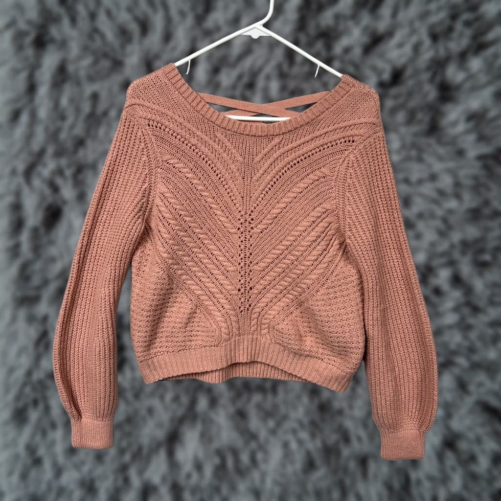 Almost Famous Almost Famous Sweater Womens M Pink Waffle-Knit V-Neck Criss-Cross Back Balloon Sleeve Purled Ribbed Hem Casual Fall Outfit Size M / US 6-8 / IT 42-44 - 1 Thumbnail