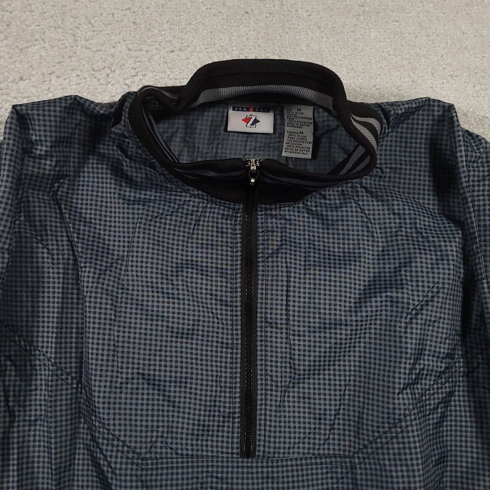 Jerzees Jerzees Jacket Mens Medium Windbreaker Quarter Zip Checkered Blue Black Nylon Lining Polyester Pockets 1/4 Zip Elastic Cuffs Size US M / EU 48-50 / 2 - 3 Thumbnail