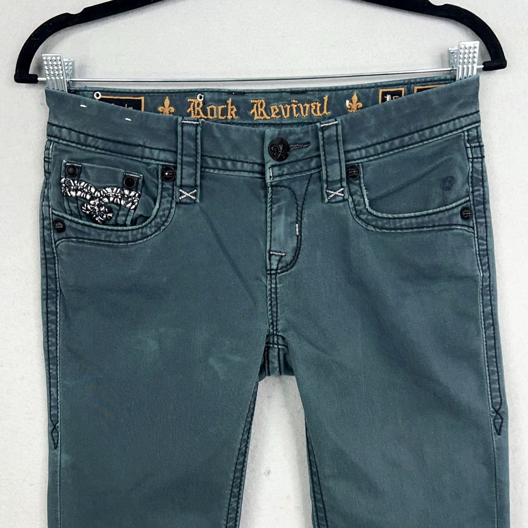 Vintage Rock Revival Jeans Womens 26 Green Denim Karla Skinny Embroidered 90s Y2K Distressed Rhinestone Tailored Logo Pocket Leather Patch Bagged Size 26" / US 2 / IT 38 - 2 Thumbnail
