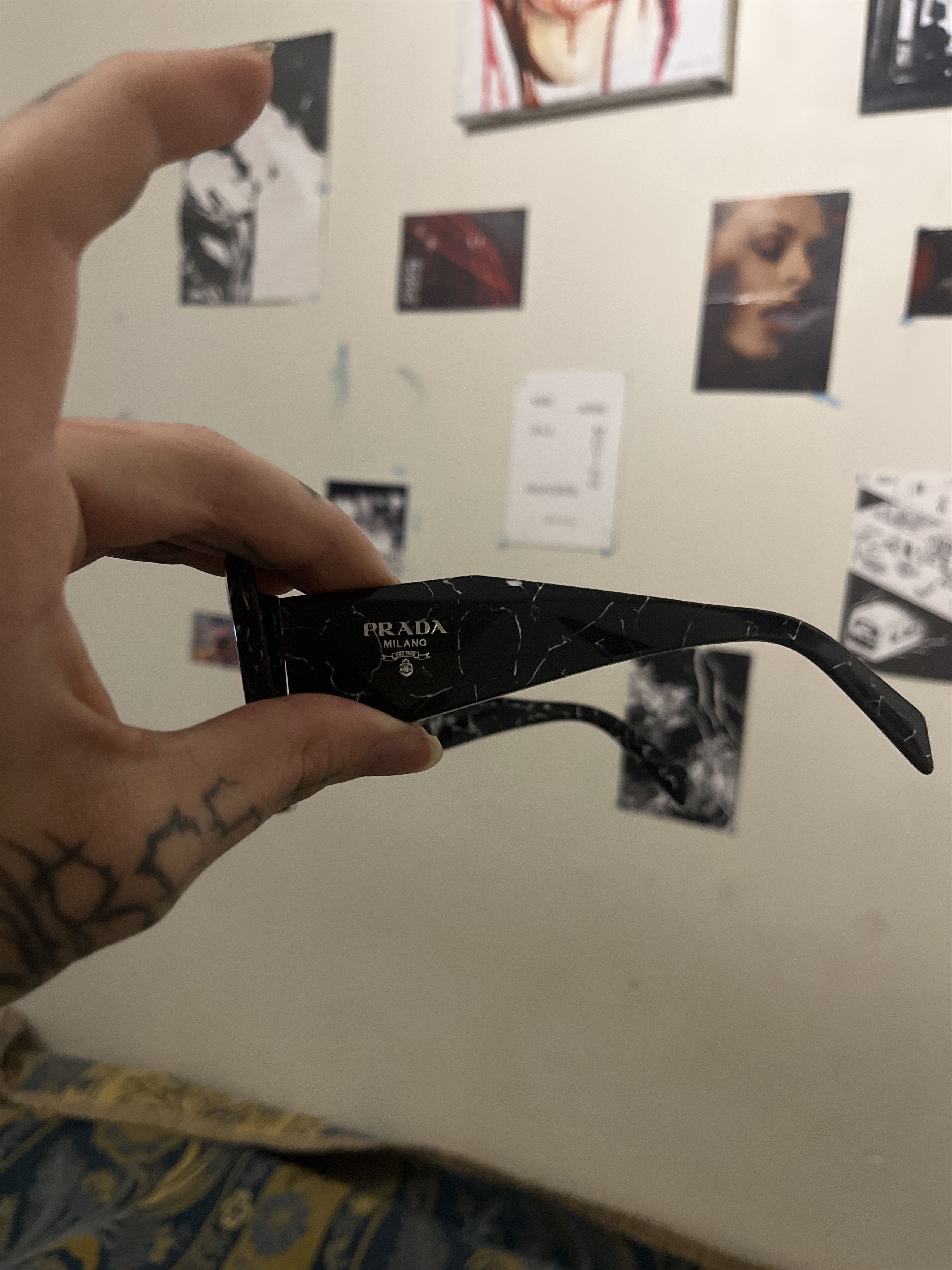 Prada Prada SPR08Y Marble Sunglasses Blue Lens Black White Acetate Size ONE SIZE - 2 Thumbnail