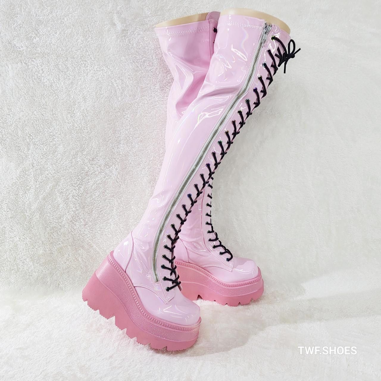 Demonia Cult DEMONIA Shaker 374 Pink Patent Platform 4.5" Wedge Heel Over Size US 12 / IT 42 - 2 Thumbnail