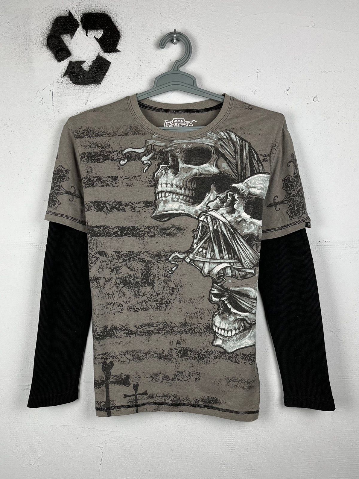 Pre-owned Affliction X Vintage Mma Elite Skull Double Layer Cyber Y2k Style Long Sleeve In Grey
