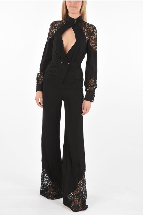 image of Philipp Plein Couture Est.1978 Jumsuit With Lace Details And Plunging Neck in Black, Women's (Size 