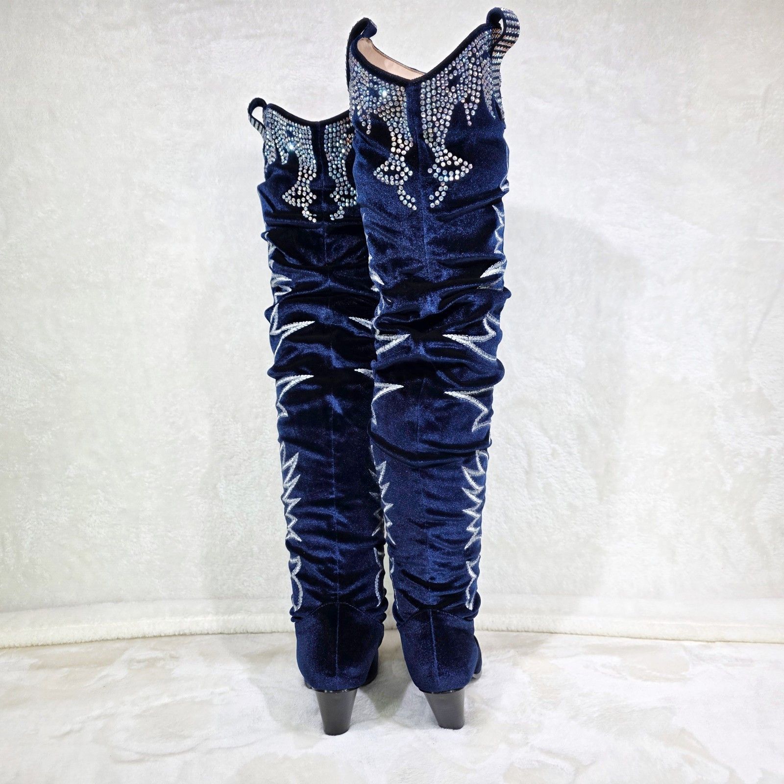 Other Delish Blue Velvet Western Slouch OTK Thigh High Cowboy Boot Size US 8.5 / IT 38.5 - 5 Thumbnail