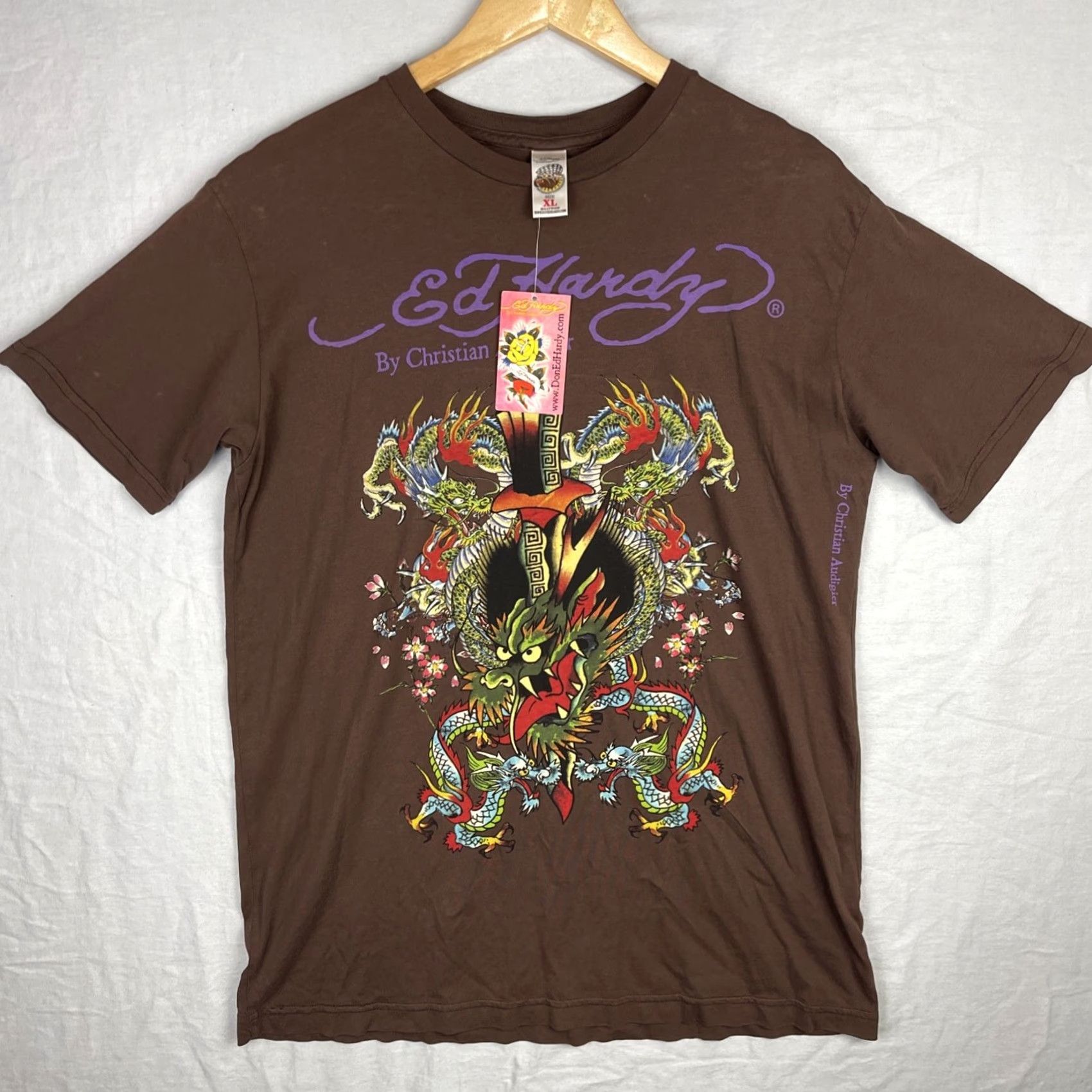 Ed Hardy VINTAGE Ed Hardy Shirt Mens XL Brown Dragon Tattoo Short Sleeve Made In USA Y2K Size US XL / EU 56 / 4 - 2 Thumbnail