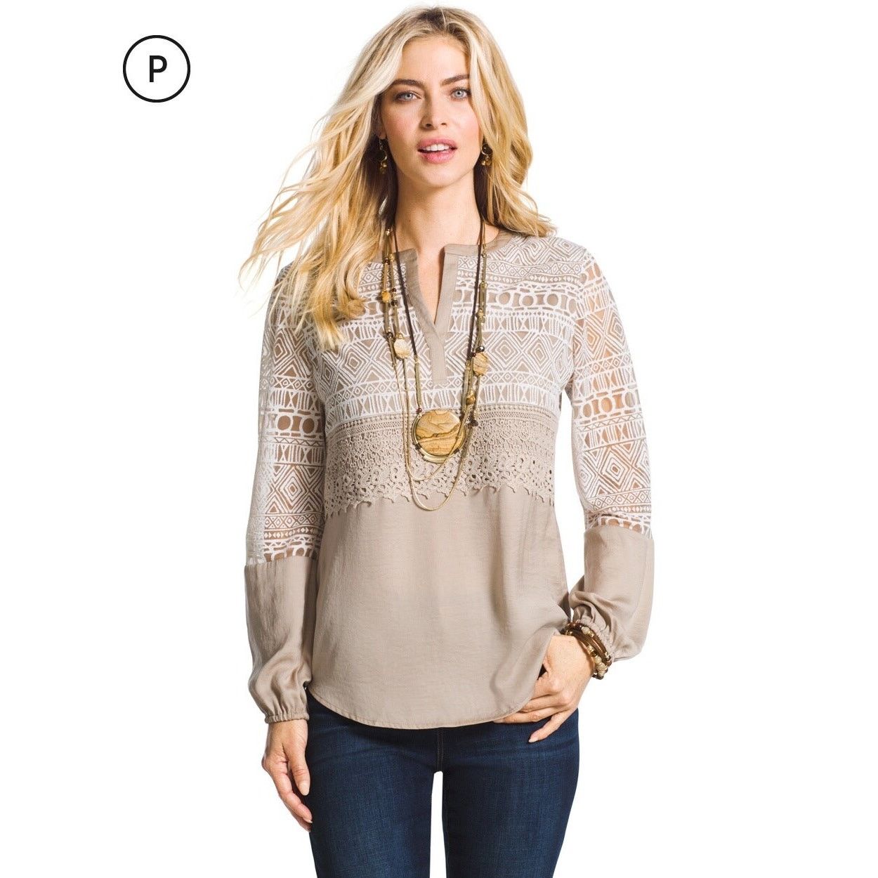Chicos CHICOS | Taupe Neutral Textured Boho Long Sleeve Peasant Top Size S / US 4 / IT 40 - 1 Thumbnail