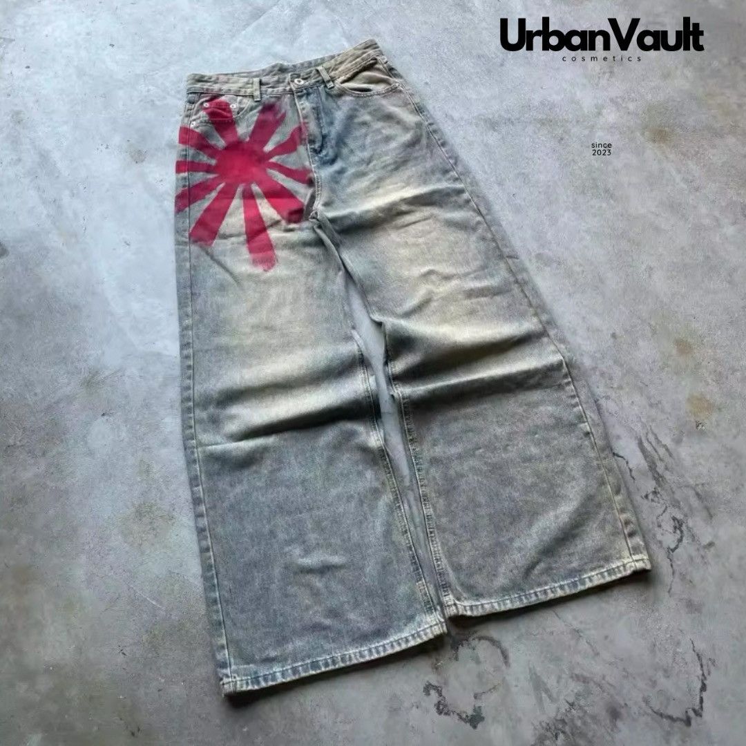 Designer × Vintage Y2K Vintage Red Print Grey Washed Baggy Jeans Size 38" / US 16 / IT 52 - 2 Thumbnail