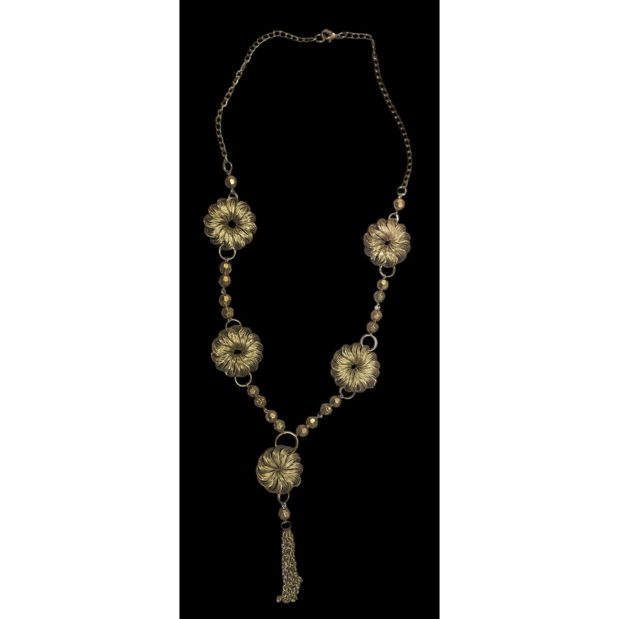 Other Vintage Wire Wrap Gold tone Floral Beaded Tassel Necklace Size ONE SIZE - 1 Thumbnail