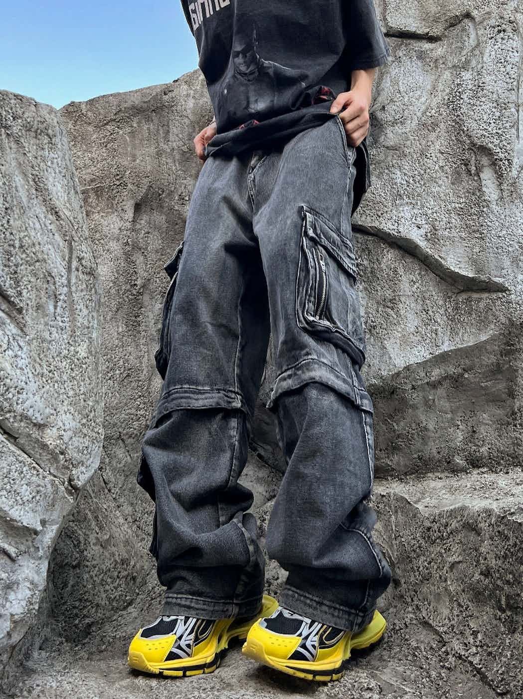 washed faded baggy hiphop cargo jeans