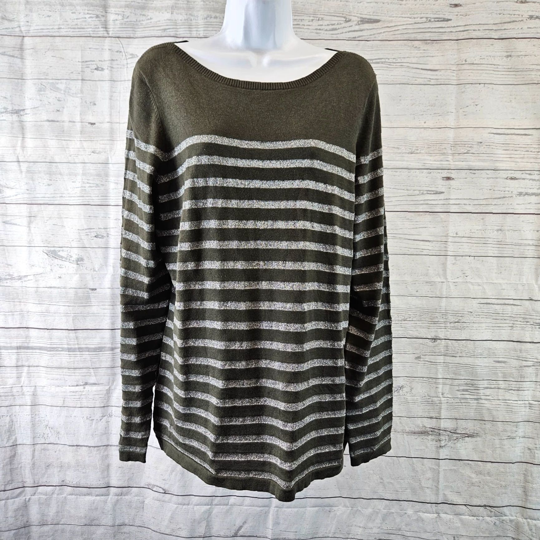 Tommy Bahama Tommy Bahama Womens Knit Top Sz XL Green Silver Striped Cotton Blend Long Sleeve Blouse Women XL Green Silver Striped Knit Top Size XL / US 12-14 / IT 48-50 - 2 Thumbnail