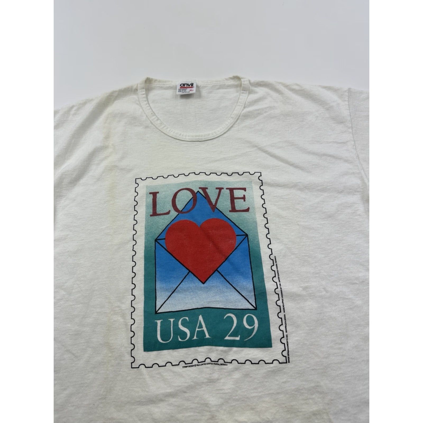 Anvil VINTAGE Anvil Love Stamp Shirt Adult XL White Graphic Print 1991 USA Mens/Womens Size US XL / EU 56 / 4 - 2 Thumbnail